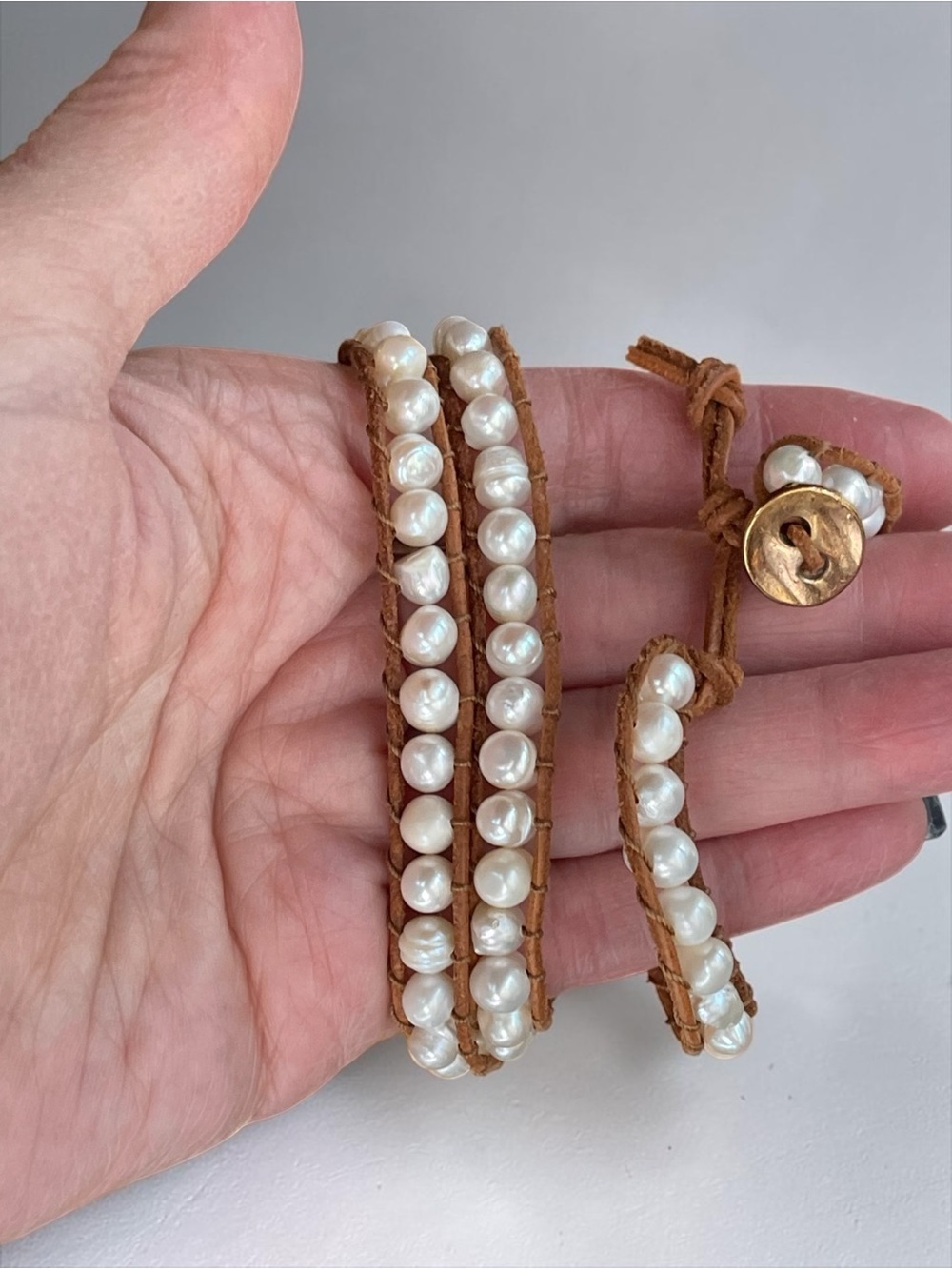 Freshwater Pearl Leather Wrap Button Closure Bracelet
